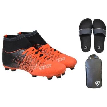 Imagem de Chuteira Campo Botinha UZ Cravo Adulto + Chinelo Slide + Bolsa Esporti