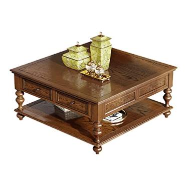 Imagem de Mesa de centro vintage, mesa de centro de madeira quadrada de 110 cm, mesa de centro com gavetas e prateleiras abertas, mesa quadrada de sofá, mesa de quarto