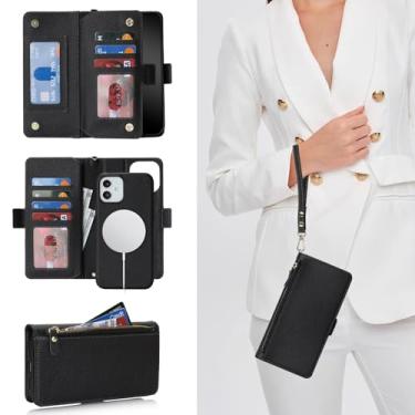 Imagem de Jaorty Capa carteira destacável para iPhone 13/14, [compatível com MagSafe] [porta-cartão] [bolso com zíper], bolsa flip de couro PU 2 em 1 com alça magnética para homens e mulheres, preto licor