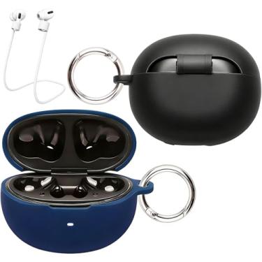 Imagem de [Pacote com 2] Capa easyBee compatível com QCY MeloBuds N70, capa de carregamento de fones de ouvido, 2 chaveiros, alça antiperda, kit de proteção ultrafina à prova de choque de silicone líquido macio