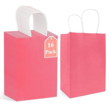 Imagem de Sacos de presente, pacote com 16 sacos de papel com alças, sacos de presente de papel kraft rosa, 20 x 15 x 8 cm, sacos de presente a granel para lembrancinhas de festa para dia dos namorados, Páscoa,