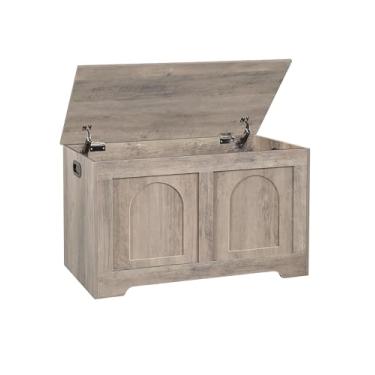 Imagem de DINZI LVJ Baú de armazenamento, caixa de brinquedos de madeira de 80 cm com 2 dobradiças de segurança, banco de armazenamento de entrada com flip-top, porta-malas de armazenamento resistente para sala