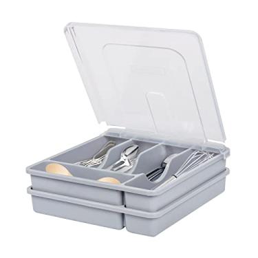 Imagem de Suporte de talheres com tampa, bandeja de utensílios de camada dupla com tampa, organizador de talheres de plástico grande para gaveta de cozinha, bancada, 10 compartimentos, cinza