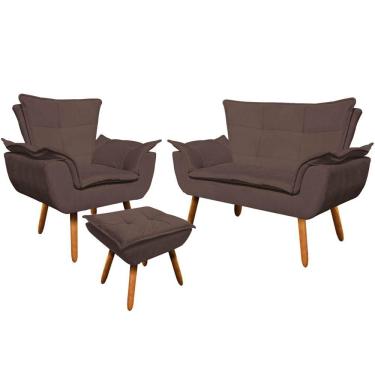 Imagem de Conjunto Poltrona Puff E Namoradeira Pés Palito Charger Suede Marrom G19 - Gran Belo