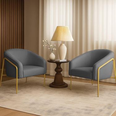 Imagem de Poltrona Sala Industrial Alta Dourado Kit 2 Stella Linho Grafite D03 - D'rossi