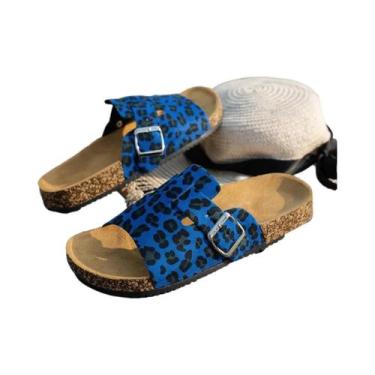 Imagem de Sandálias Femininas Ajustáveis Com Sola De Cortiça Azul Marrom Estampa