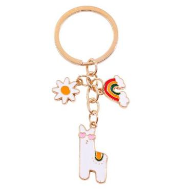Imagem de Chaveiro fofa lhama arco-íris com margarida e pingentes de arco-íris -