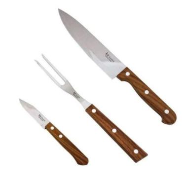 Imagem de Kit de churrasco de inox e cabo de madeira com 3 pçs - Kehome