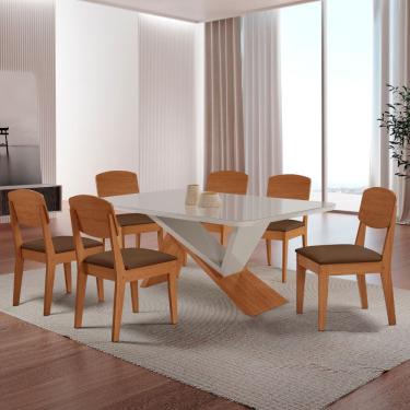 Imagem de Mesa De Jantar Yasmin Tampo Vidro Canto Copo Com 6 Cadeiras Vel Marrom /off /naturale /...