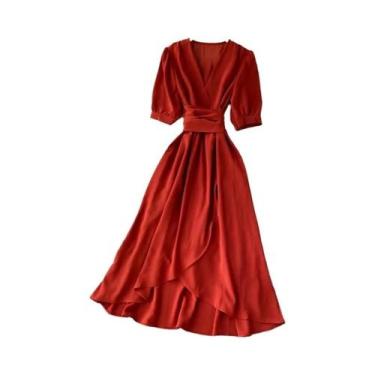 Imagem de Vestido Feminino Com Decote Em V, Cor Sólida, Manga Bufante, Borda Irr