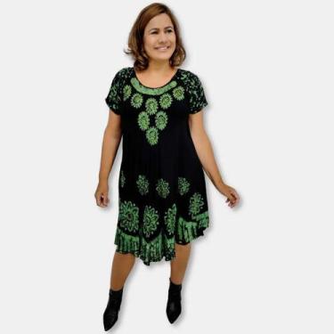 Imagem de Vestido Trapézio Curto Manga Curta Batik e Bordado Plus Size - Sarat M