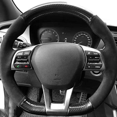 Imagem de JEZOE Cobertura de volante de carro personalizada costurada à mão em fibra de carbono, para Hyundai Sonata 9 2015 2016 2017 2018 2019 (3 ​​raios)