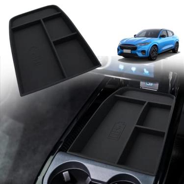 Imagem de AOSK para Mustang Mach e carregador sem fio organizador de console central, bandeja de carregamento sem fio móvel, caixa de armazenamento para console central para acessórios internos mach e 2021-2022 (preto)