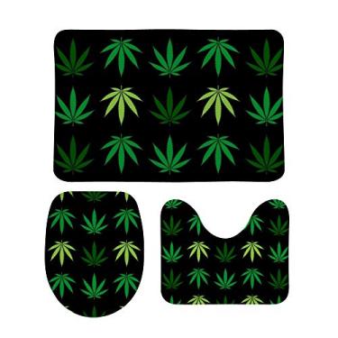 Imagem de Conjunto de 3 peças de tapetes de banheiro My Daily com folhas de cannabis verdes e pretas em forma de U, tapete de banheiro antiderrapante