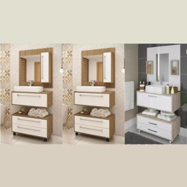 Imagem de 3 Conjuntos de Gabinete de Banheiro com Cuba e Espelheira Branco/marrom