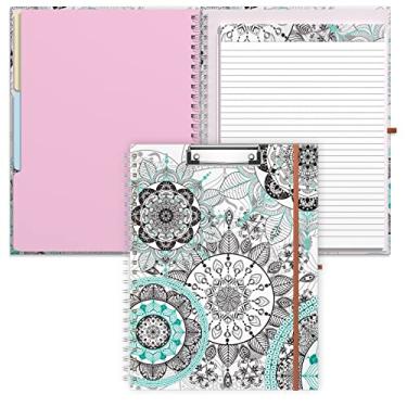 Imagem de Rimilak Prancheta em espiral com bloco de notas forrado recarregável, 37 x 25 cm, capa dura com 5 bolsos internos, faixa elástica e série de laços de caneta. Clipe bonito e elegante, flor de mandala