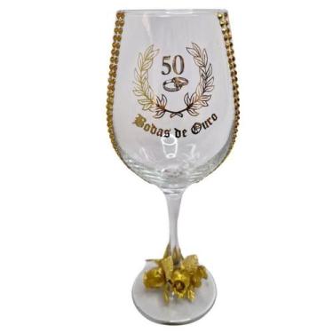 Imagem de Taça Vidro Bodas De Ouro 50 Anos Rosas Casal Vinho - Meta Atacado