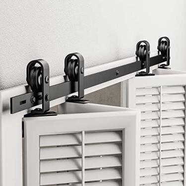 Imagem de AWDIA Ferragens para porta de celeiro deslizantes de 190 cm, kits de ferragens para porta de celeiro bidobráveis, com trilho plano preto fosco, rolos montados na parte superior adequados para 4 portas