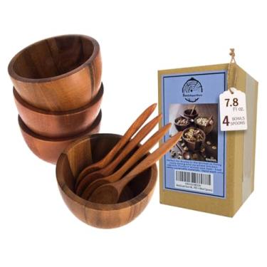 Imagem de BestySuperStore Conjunto de 4 tigelas pequenas redondas de madeira de acácia de 10 cm de diâmetro com colheres - Tigela empilhável para salada, sopa, lanche, molho de molho, charcutaria, madeira,