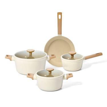 Imagem de Jogo de 4 Panelas Antiaderentes Ultra Ceramic de Indução com Borda de Silicone Cor Bege Mou Nata