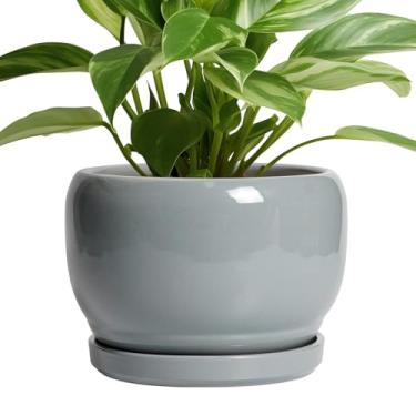 Imagem de SQOWL Vaso de cerâmica para plantas - Vaso interno de 20 cm com orifício de drenagem e pires, vaso redondo ao ar livre, vaso decorativo moderno para flores, decoração de quarto, presentes para amantes