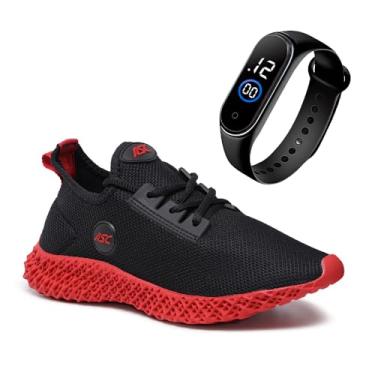 Imagem de Tênis Esportivo Masculino Ascension com Solado Tecnológico + Relogio Smart Fitness Fino | Conforto, Estilo e Tecnologia no Seu Dia a Dia (Vermelho, BR, Adulto, Numérico, 44)