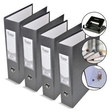 Imagem de Pasta Fichário AZ Registradora Ofício Largo Cor Grafite Kit 4un + Perf