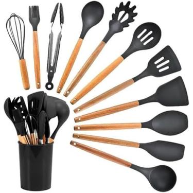 Imagem de Kit Cozinha 12 Talheres Em Silicone E Cabo De Madeira Leves, Jogo De Utensílios Resistentes a Altas Temperaturas, Duráveis, Antiaderentes Premium com Espátula, Colher, Concha...
