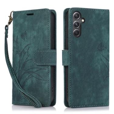 Imagem de Capa carteira para Samsung Galaxy A55 5G, capa de telefone de couro com padrão de borboleta orquídea com 3 compartimentos para cartão e 1 compartimento para dinheiro, fivela magnética à prova de