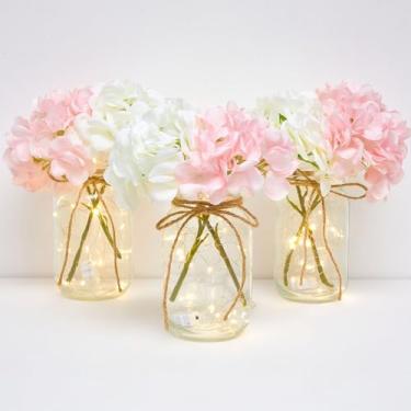 Imagem de Juinte 4 conjuntos de potes de pedreiro com luzes rosa e branco de hortênsia decorativos, flores, centros de mesa, decoração de mesa de LED, vaso de fazenda para decoração de festa de casamento em