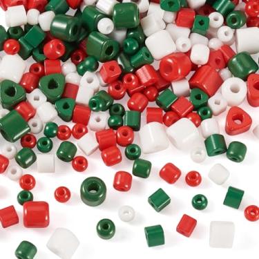 Imagem de Beadthoven 200 peças de contas de vidro de Natal mistas formas verde vermelho branco contas de semente de vidro opaco tubo cubo triângulo redondo solto pequeno espaçadores de pônei para pulseiras faça