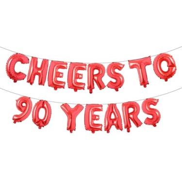 Imagem de Cheers to 90 Years Banner Foil 90º aniversário balão decorações de festa para ele/ela 90 anos decorações de aniversário suprimentos de festa de casamento para homens/mulheres (CHEERS TO 90 YEARS Red)