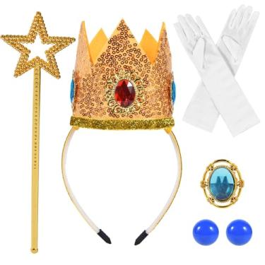 Imagem de jayuwe 5 peças de acessórios de princesa, coroa de princesa, varinha mágica, broche, luvas, brincos para meninas, cosplay, festa de aniversário, fantasia dourada