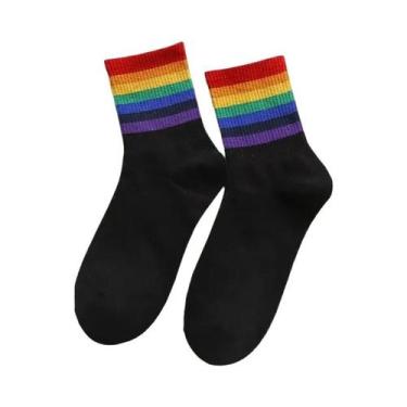 Imagem de Meias Femininas Cano Alto Listradas Arco-Íris - Estilo Fofo e Moderno 