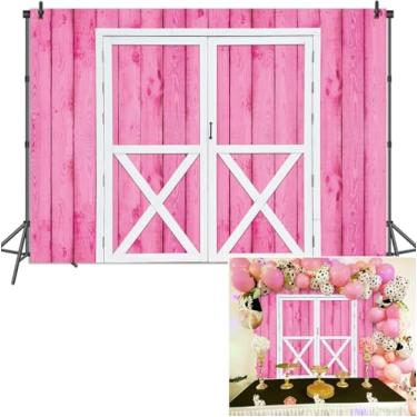 Imagem de Pano de fundo rosa para porta de celeiro de madeira, casa de fazenda, rústica, cenário de campo, cenário fotográfico, decoração de festa de fazenda, adereços fotográficos (2,4 x 1,8 m)