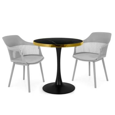 Imagem de Conjunto Mesa De Jantar Redonda Majestic 70cm Preta Com 2 Cadeiras Estofadas Marcela - Cinza