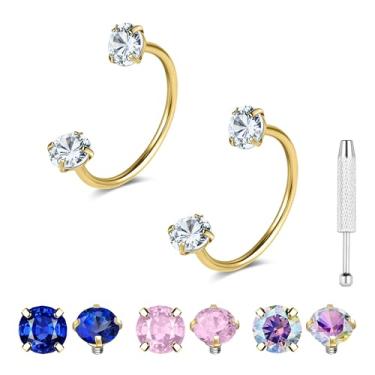 Imagem de G23 Anéis de nariz de titânio ferradura ouro prata 20 g anel de nariz de sapato de cavalo argolas de aço cirúrgico meia cartilagem tragus brinco argola rosca interna dupla zircônia cúbica nariz septo