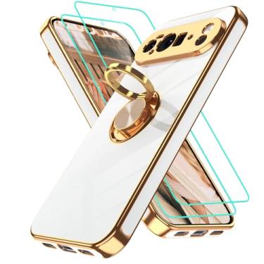 Imagem de Gritup Capa para Google Pixel 10 Pro XL: 2 peças protetoras de tela | Suporte magnético de rotação de 360° | Capa protetora básica de TPU macio com borda dourada revestida para Pixel 10 Pro XL branca
