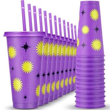 Imagem de Willinglong Conjunto de 24 copos de plástico princesa roxa com tampa e canudo reutilizável 680 g sol roxo aniversário água suco bebidas copo de bebida a granel para festa jantar suprimentos decoração