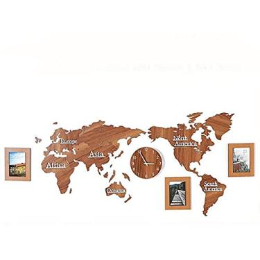 Imagem de U5GAAALPPQ9 Mapa do mundo, imagem 3D e relógio, relógio de espelho de madeira Silence faça você mesmo, casa, escritório, escola, relógio de parede