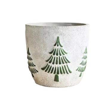 Imagem de KHUTRW3D Vaso de flores redondo branco, vaso de cimento com padrão de árvore verde, com orifício de drenagem, para decorar sala de estar, quarto, jardim, ambientes internos e externos
