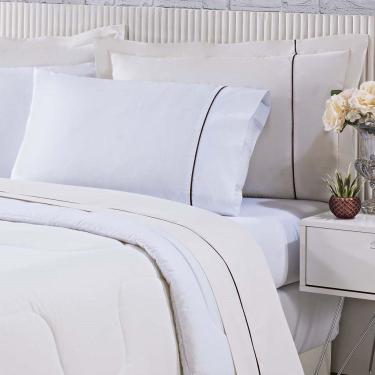 Imagem de Kit Edredom 100% Algodão Percal 150 Fios Dupla Face Queen + Jogo De Cama Gran Moratta 7 Peças - Palha/Branco