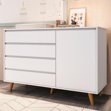 Imagem de Cômoda Infantil Pé Palito 4 Gavetas com Porta Fraldário Gran Lorena 100% MDF Branco