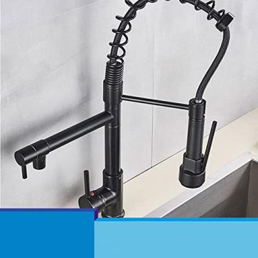 Imagem de Bico duplo torneira de cozinha 360 graus de rotação primavera pull down pulverizador deck montado torneira de pia de cozinha misturador torneiras, preto a, china
