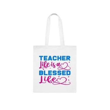 Imagem de Sacola engraçada para professor, sacola de professor Life Is A Blessed Life, presente para professor, bolsa de ombro para professor, bolsas reutilizáveis para professores, ideia de e cesta de Natal, Branco