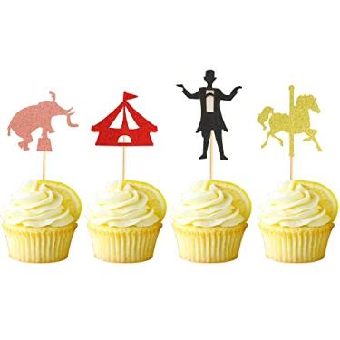 Imagem de Arthsdite Pacote de 48 topos de cupcake tema de circo glitter mágico elefante cavalo picaretas de cupcake chá de bebê crianças festa de aniversário decorações de carnaval suprimentos de decoração de bolo