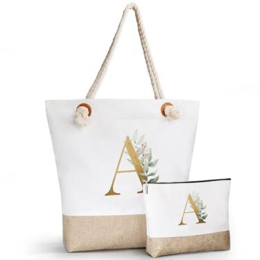 Imagem de TCJIU Sacola de praia com inicial de lona personalizada com bolsa de maquiagem, bolsa mãe com zíper, presente de formatura para ela, ótimos presentes para mulheres, meninas, amigos, professores, damas