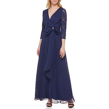 Imagem de Jessica Howard Vestido longo feminino de renda manga 3/4 gola V – vestido para ocasiões especiais, Azul marino, 48
