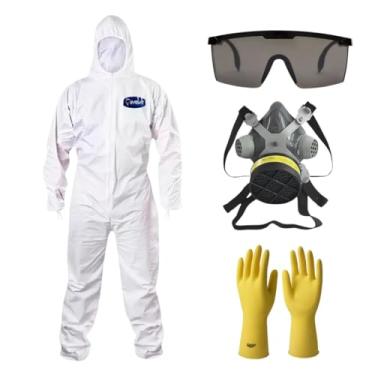 Imagem de Kit Macacão de Proteção Óculos de Segurança RJ Fumê Máscara Respirador Luva de Proteção Látex EPI (Branco/Verde, G)