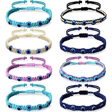Imagem de 8 peças de pulseira com contas de olho mal, ajustável, azul, mau-olhado, pulseira de amizade com proteção de cabalá, pulseiras de proteção turca da sorte para mulheres e homens, Resina,